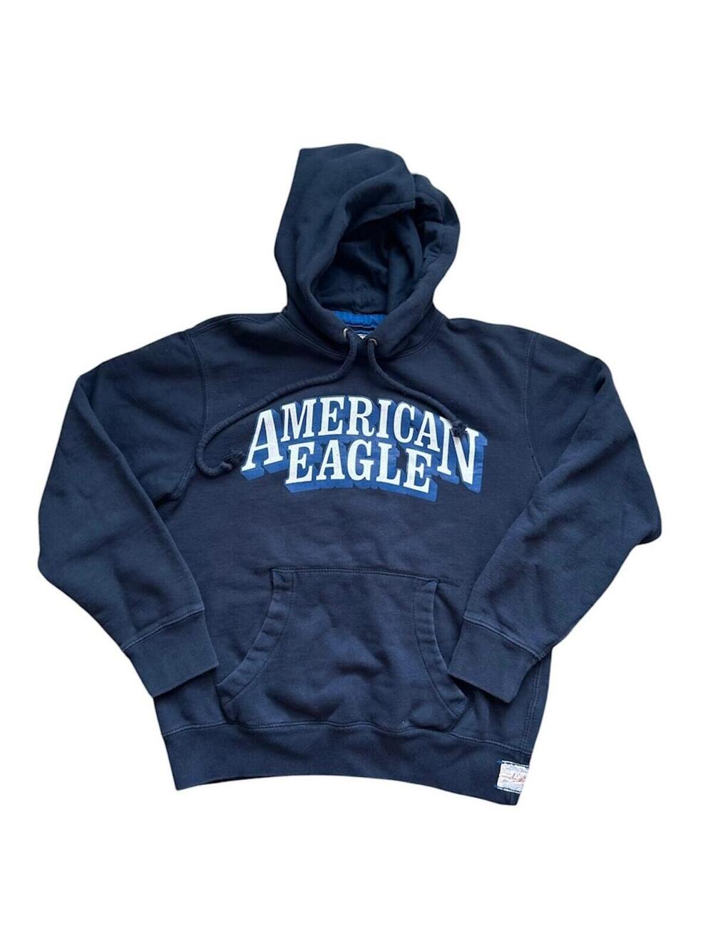 VTG American Eagle Hoodie Navy Womens Med Kangaroo Pocket Spellout Y2K Mallcore